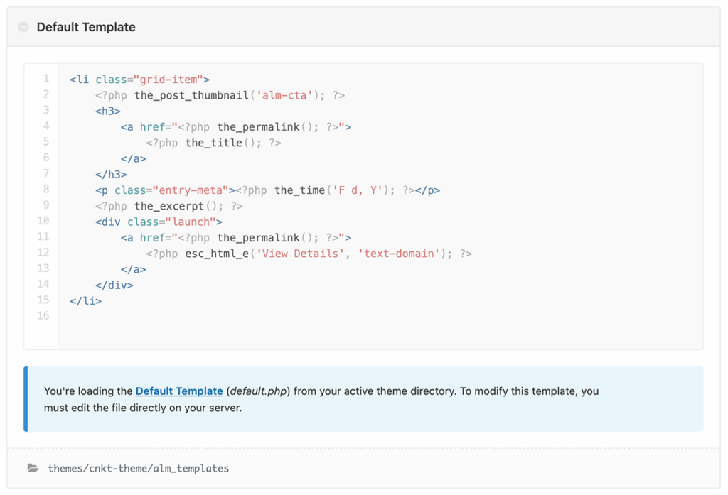 Screenshot of loading the default template with Ajax Load More from your active theme directory.